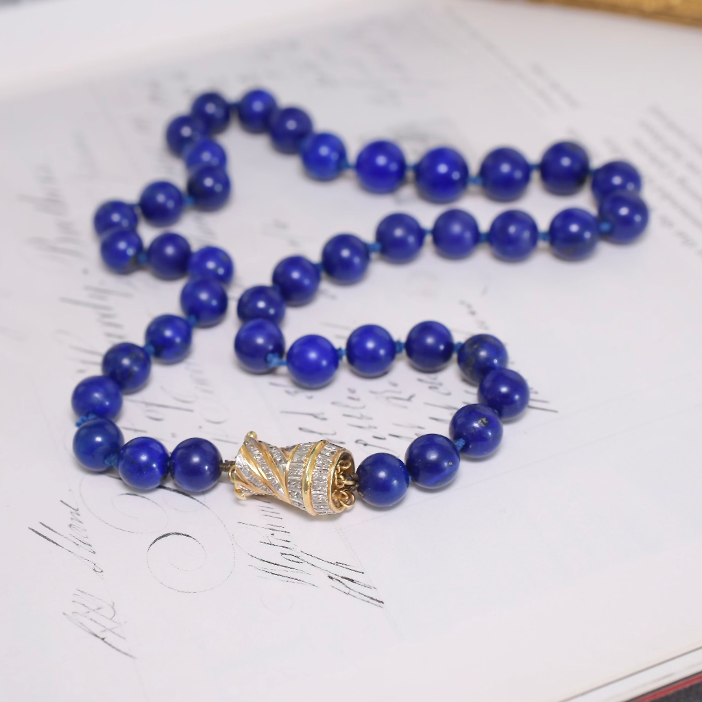 Estate 14ct Gold And Diamond Lapis Lazuli Bead Necklace
