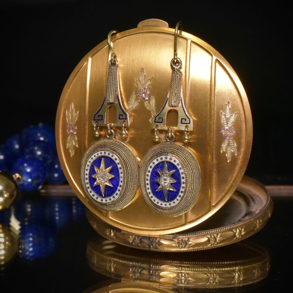 Antique Victorian 15ct Gold Diamond And Enamel Etruscan Revival Earrings Circa 1880’s
