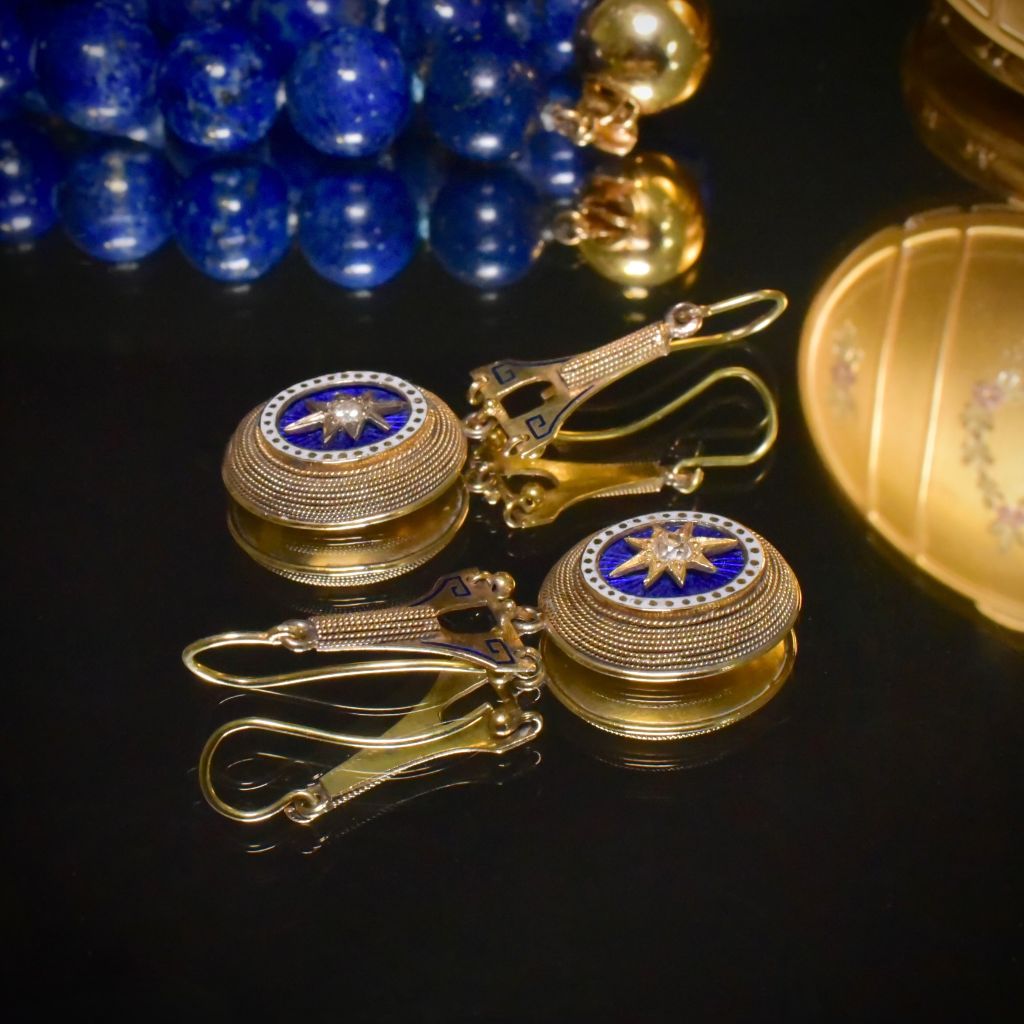 Antique Victorian 15ct Gold Diamond And Enamel Etruscan Revival Earrings Circa 1880’s