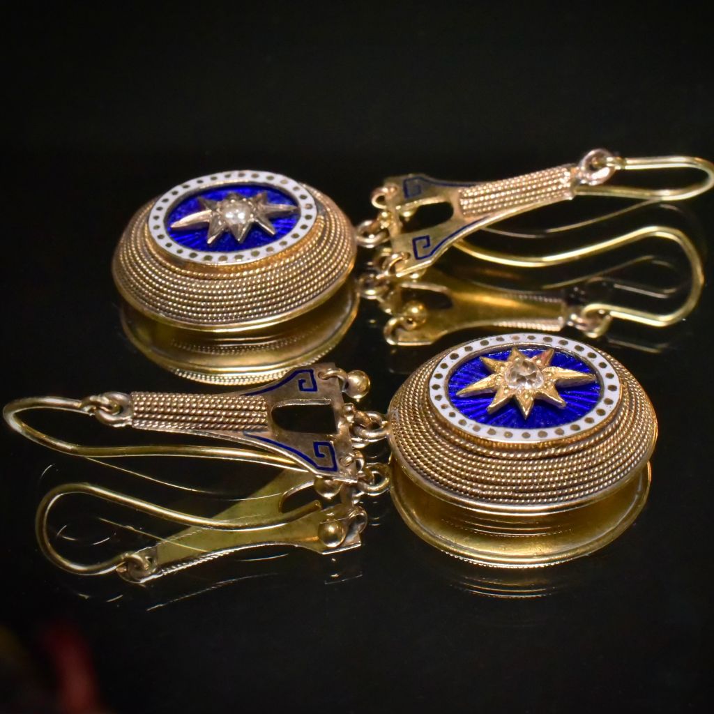 Antique Victorian 15ct Gold Diamond And Enamel Etruscan Revival Earrings Circa 1880’s