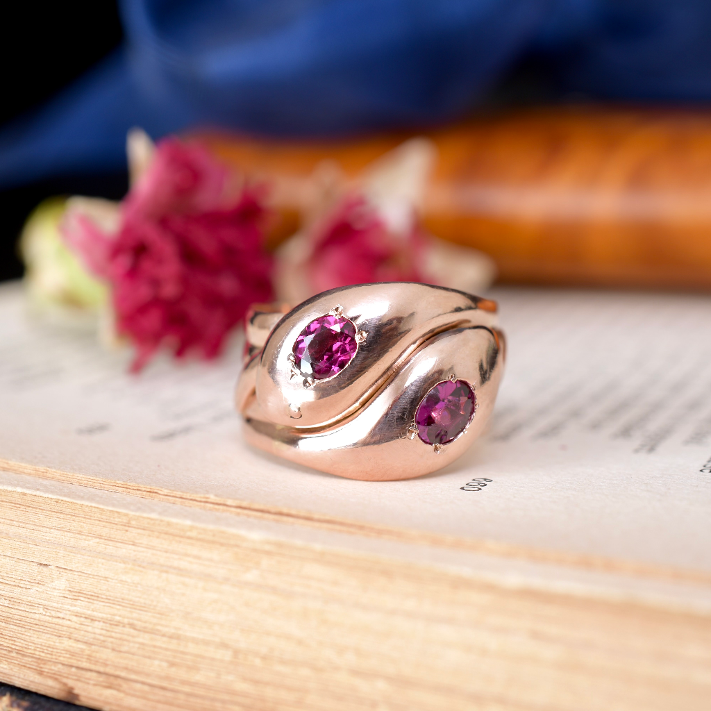 Antique Victorian/Edwardian 9ct Rose Gold And Garnet Double Snake Ring Circa 1900
