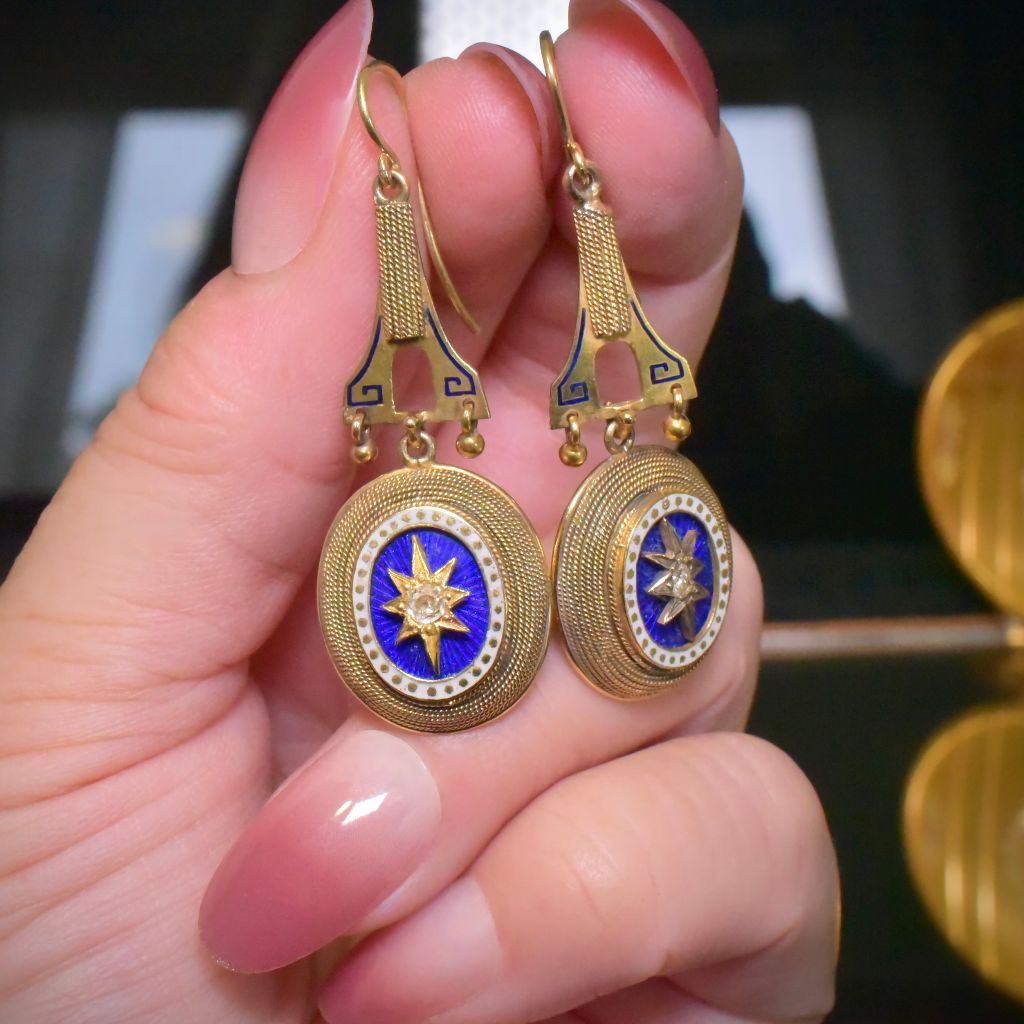 Antique Victorian 15ct Gold Diamond And Enamel Etruscan Revival Earrings Circa 1880’s