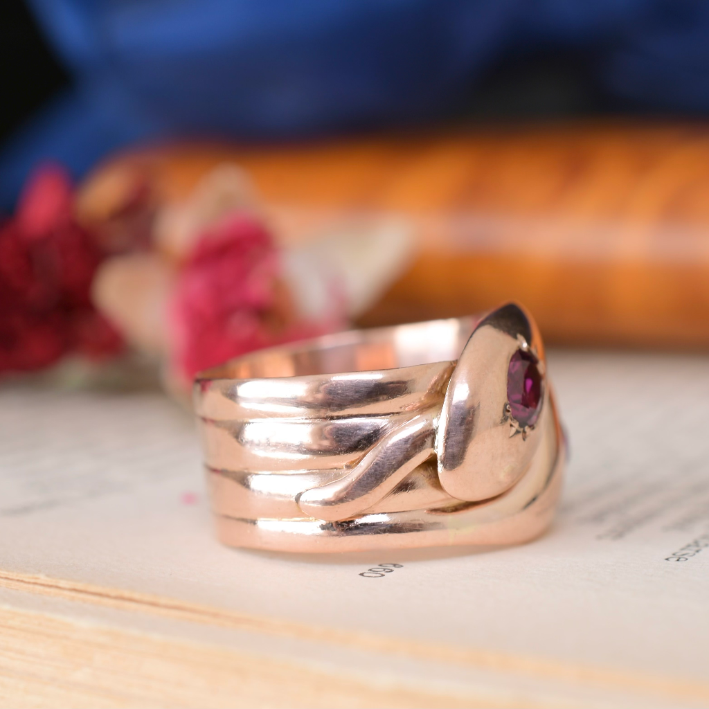 Antique Victorian/Edwardian 9ct Rose Gold And Garnet Double Snake Ring Circa 1900
