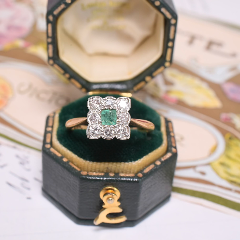 Antique Edwardian Era 18ct Yellow Gold Platinum Emerald And Diamond Ring