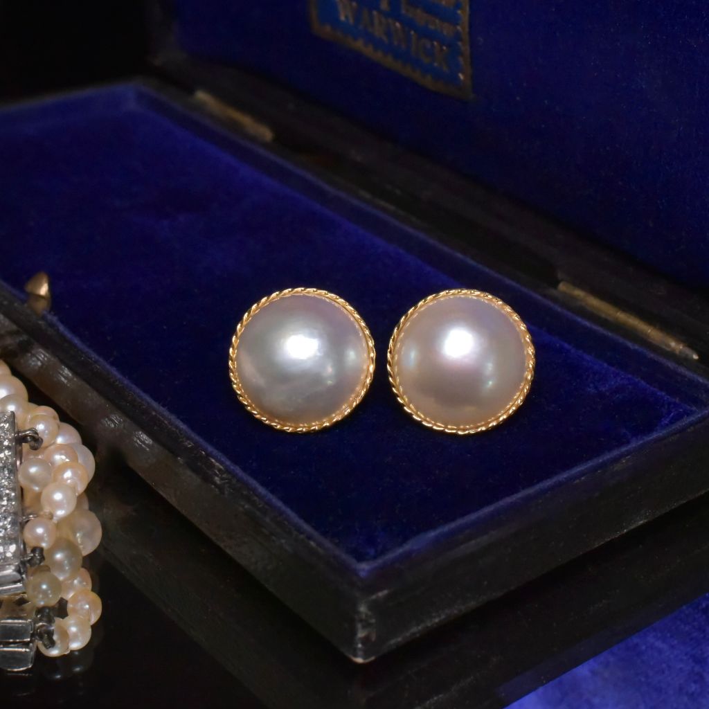 Vintage 18ct Yellow Gold ‘PASPALEY’ Mabe Pearl Earrings - Original Box