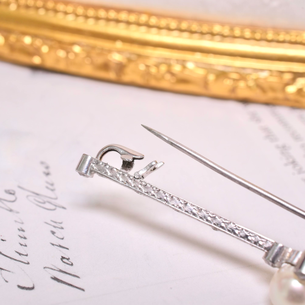 Antique Edwardian 18ct White Gold Pearl And Diamond Bar Brooch Circa 1915