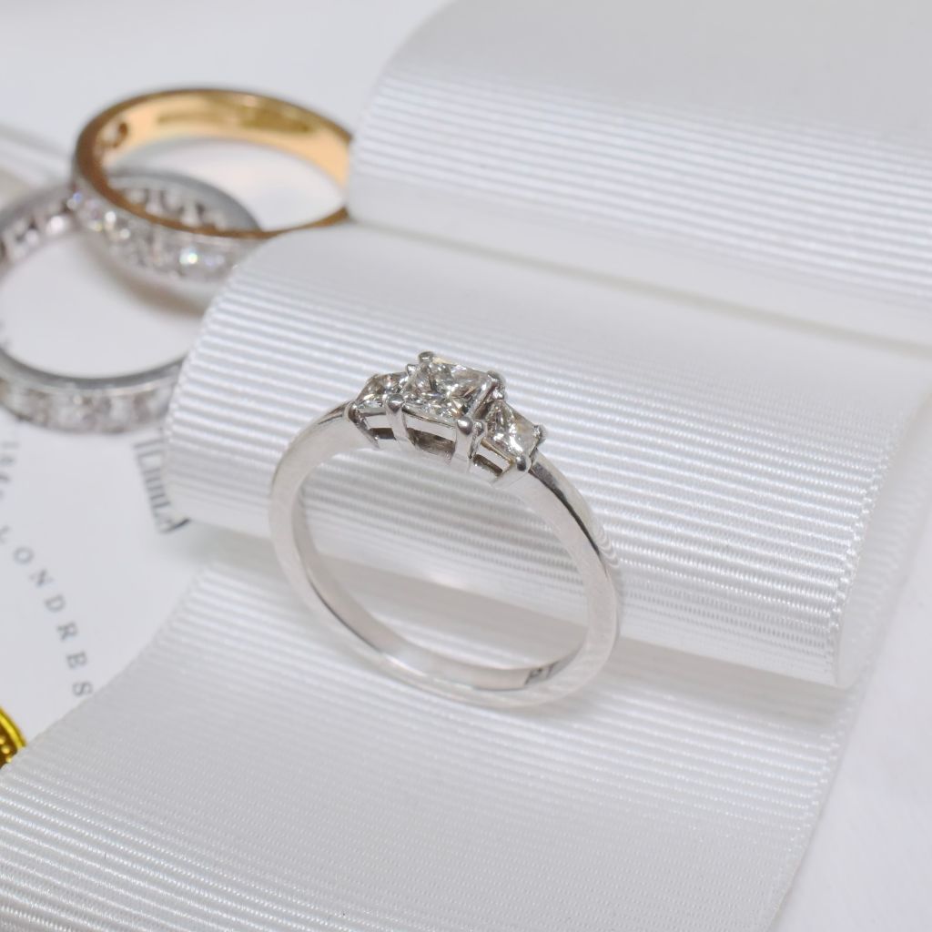 Modern Solid Platinum Princess-Cut Three Diamond Ring 0.63ct