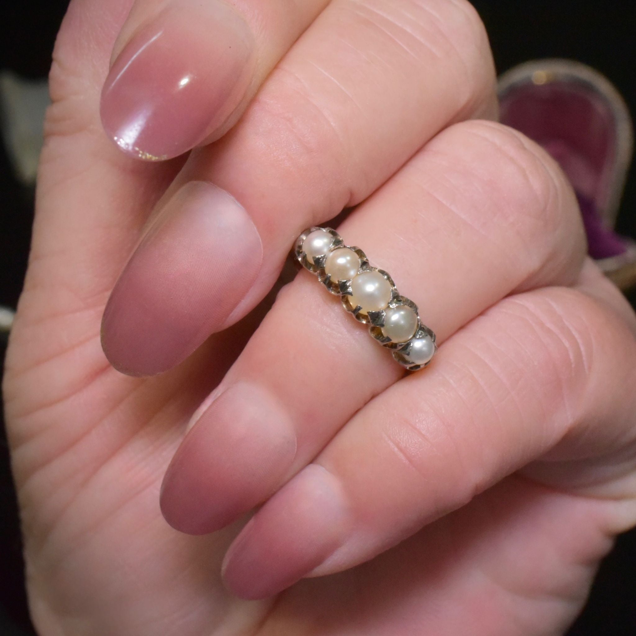 Antique Australian Edwardian 18ct Gold Pearl Half Hoop Ring - Circa 1910