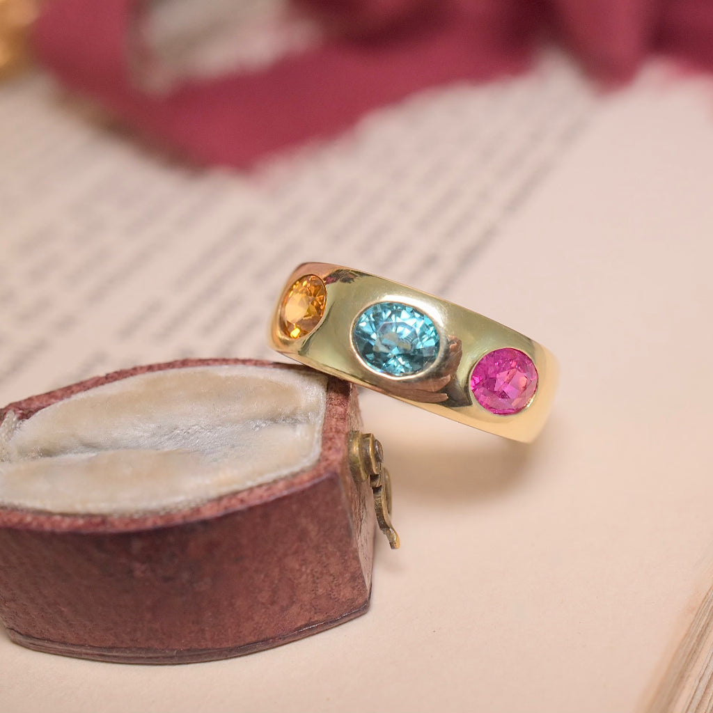 Modern 18ct Yellow Gold Natural Pink Sapphire, Natural Blue Zircon & Natural Yellow Sapphire Ring Independent Gemmological Retail Replacement Valuation Included For $5,350 AUD