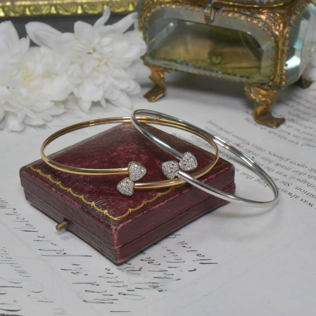 Modern Pair Of 9ct Yellow, And 9ct White Gold And Diamond Heart Bangles
