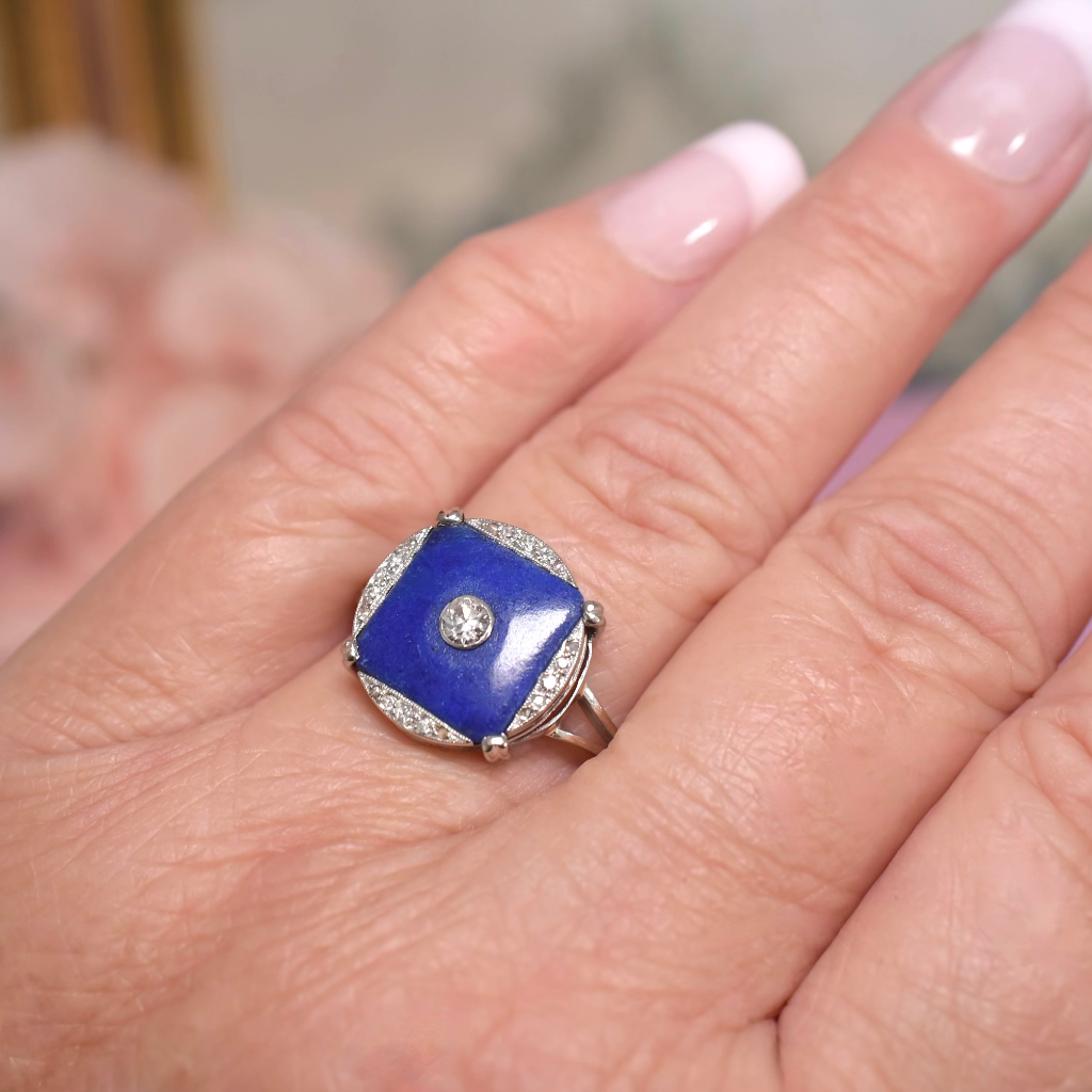 Antique Art Deco 18ct White Gold Diamond & Lapis Lazuli Ring Circa 1930
