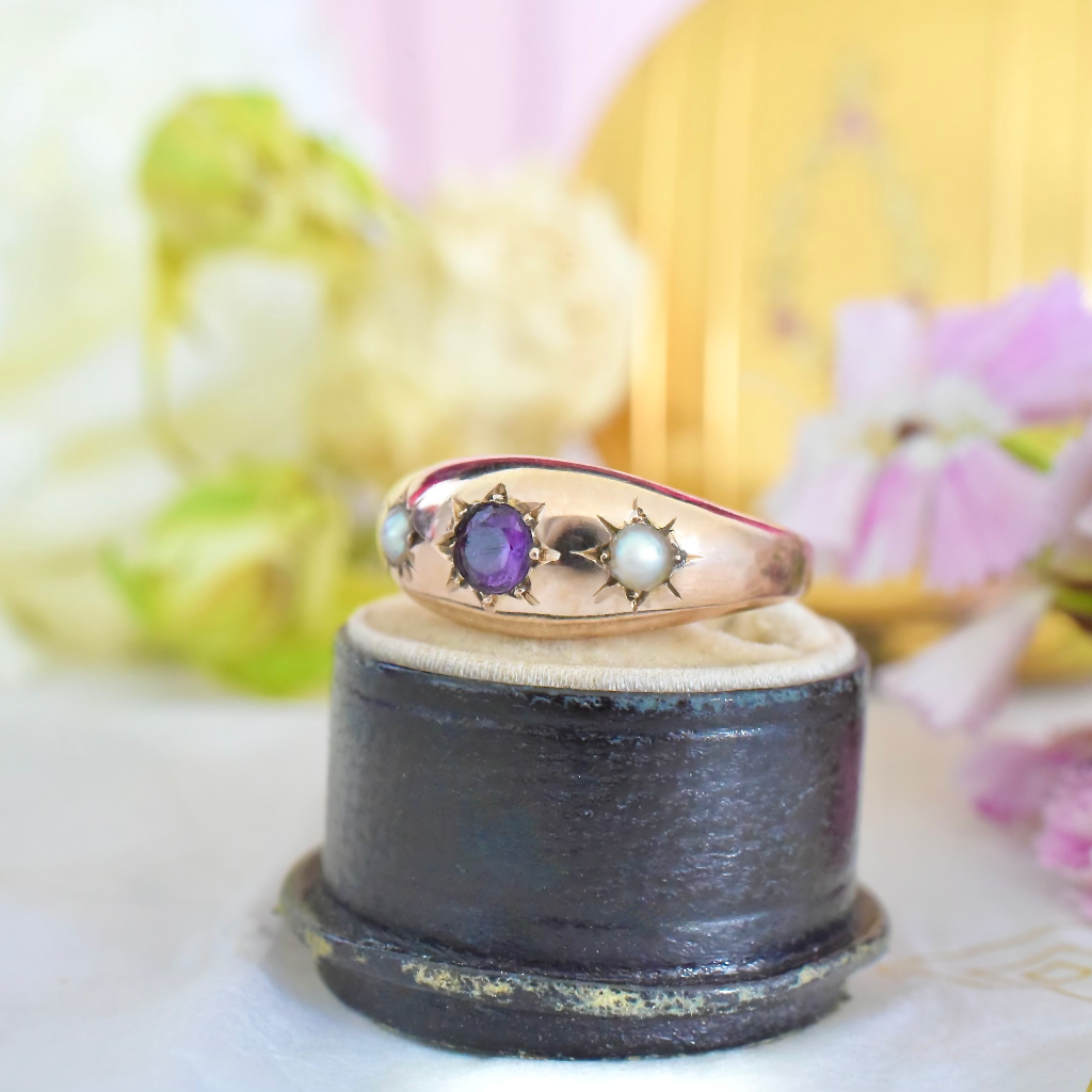 Antique Australian 9ct Rose Gold Amethyst Pearl Gypsy Ring Circa 1915