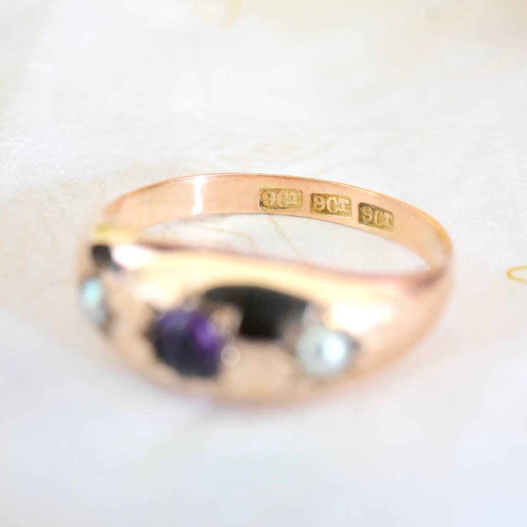 Antique Australian 9ct Rose Gold Amethyst Pearl Gypsy Ring Circa 1915