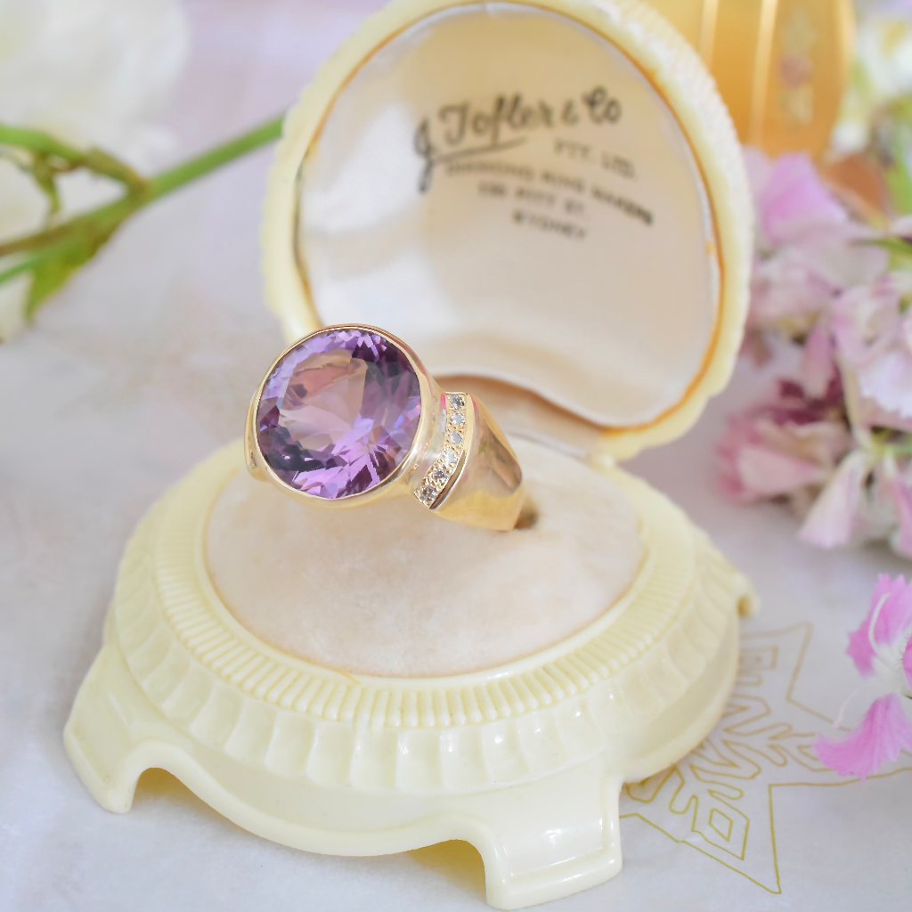 Contemporary 18ct Yellow Gold Amethyst And Diamond Ring Independent Valuation $5000.00 AUD