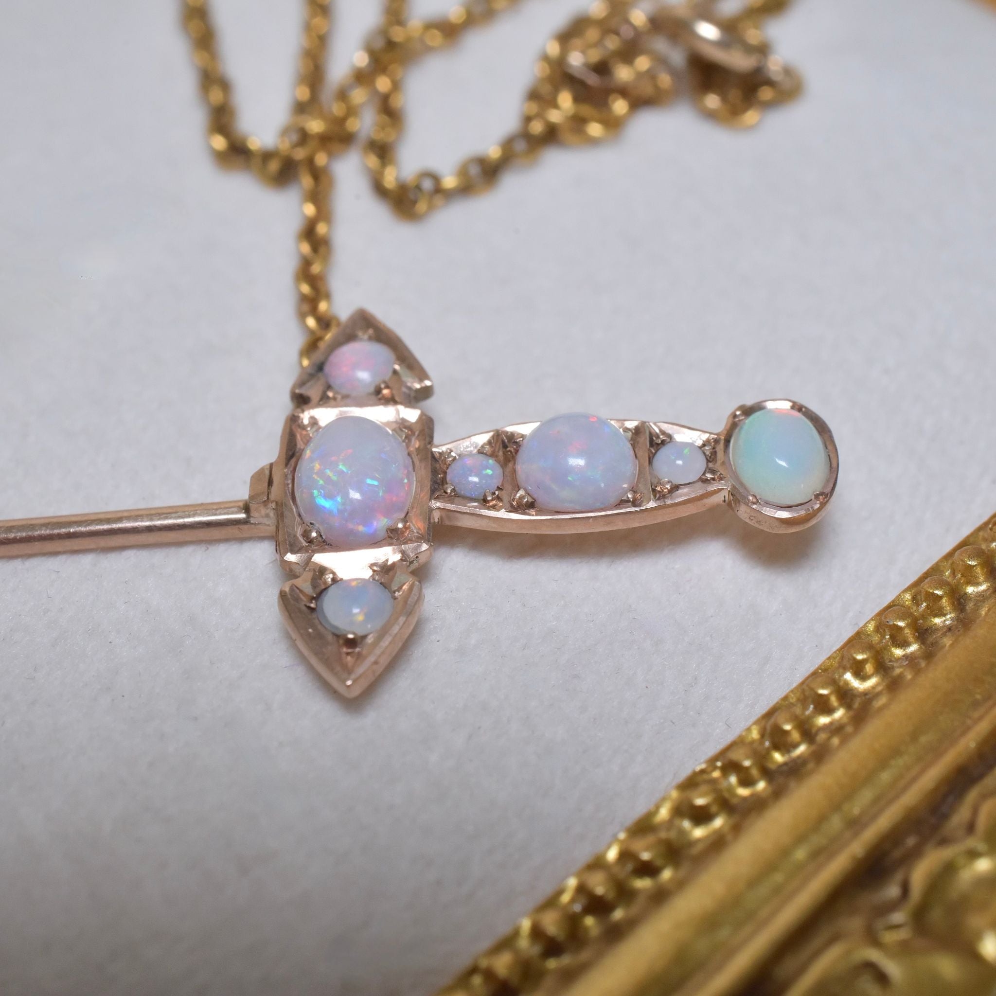 Superb Antique Australian 9ct Rose And Yellow Gold Solid White Opal ‘Jabot’ Pendant Necklace Circa 1900-1915