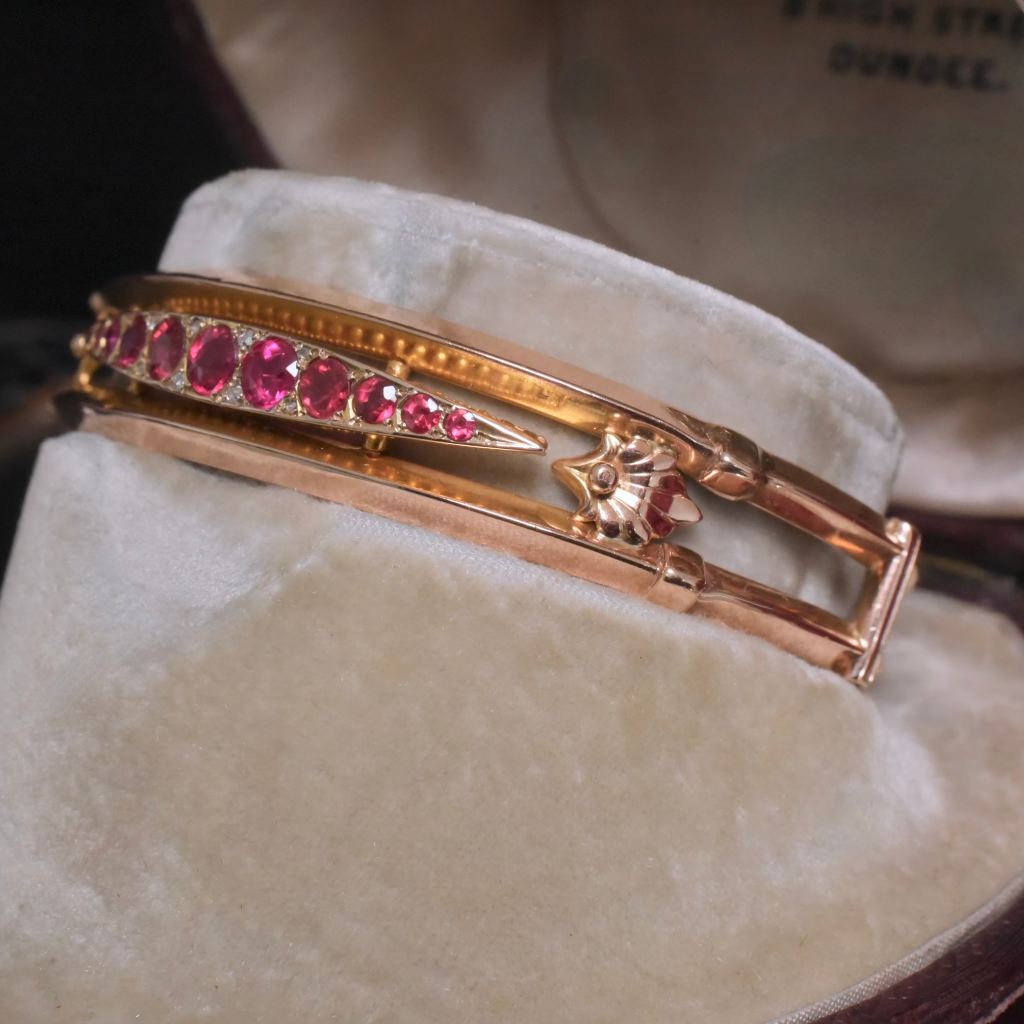 Antique Edwardian 9ct Rose Gold Garnet Topped Doublet & Diamond Bangle Circa 1910