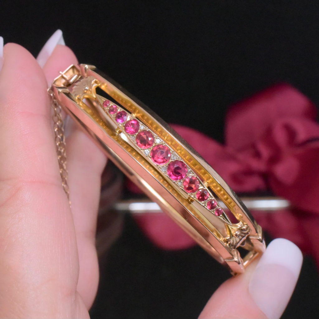 Antique Edwardian 9ct Rose Gold Garnet Topped Doublet & Diamond Bangle Circa 1910