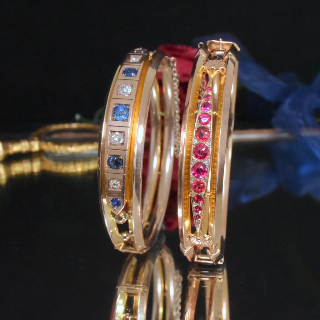 Antique Edwardian 9ct Rose Gold Garnet Topped Doublet & Diamond Bangle Circa 1910
