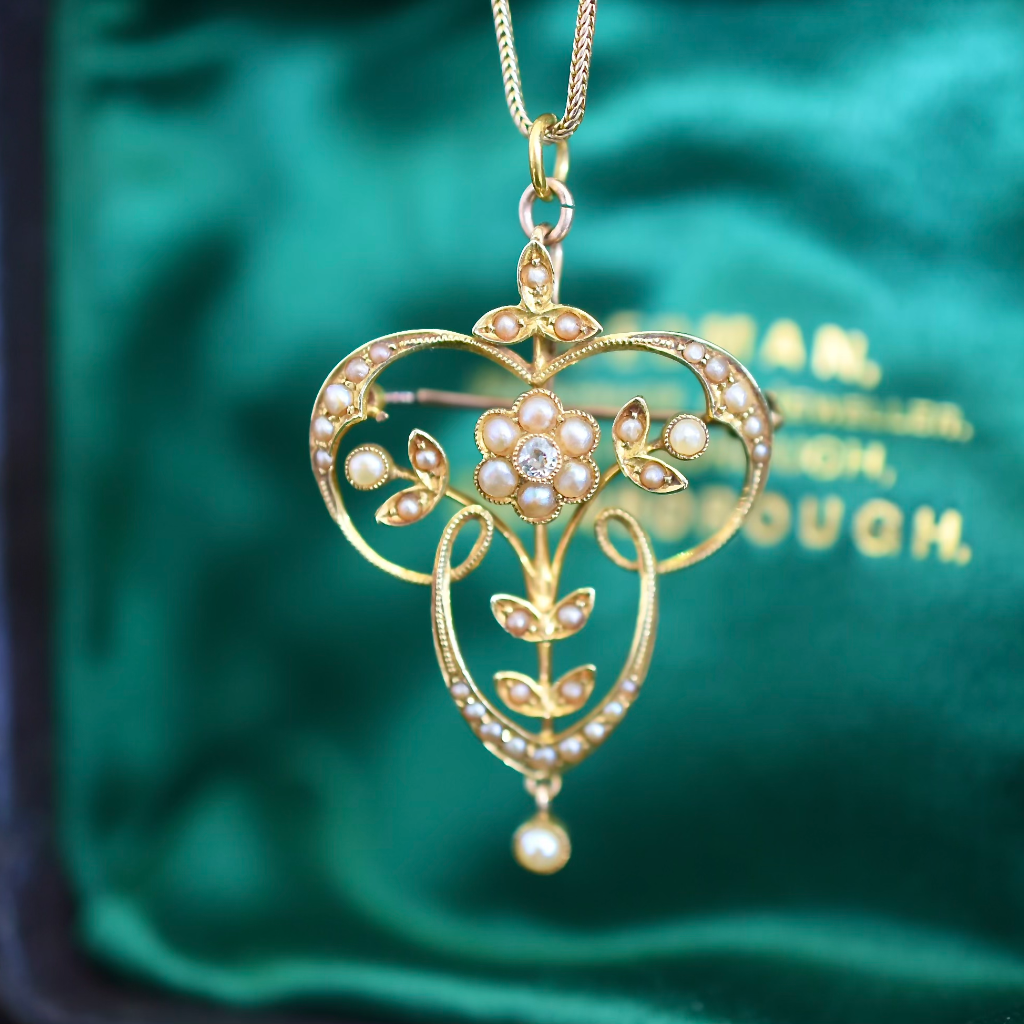 Antique 15ct Yellow Gold Diamond And Seed Pearl Pendant/Brooch Circa 1900-1910