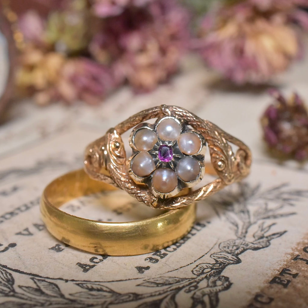 Antique Georgian/Early Victorian 18ct Gold Ruby Pearl Double Ouroboros Ring Circa 1820-50