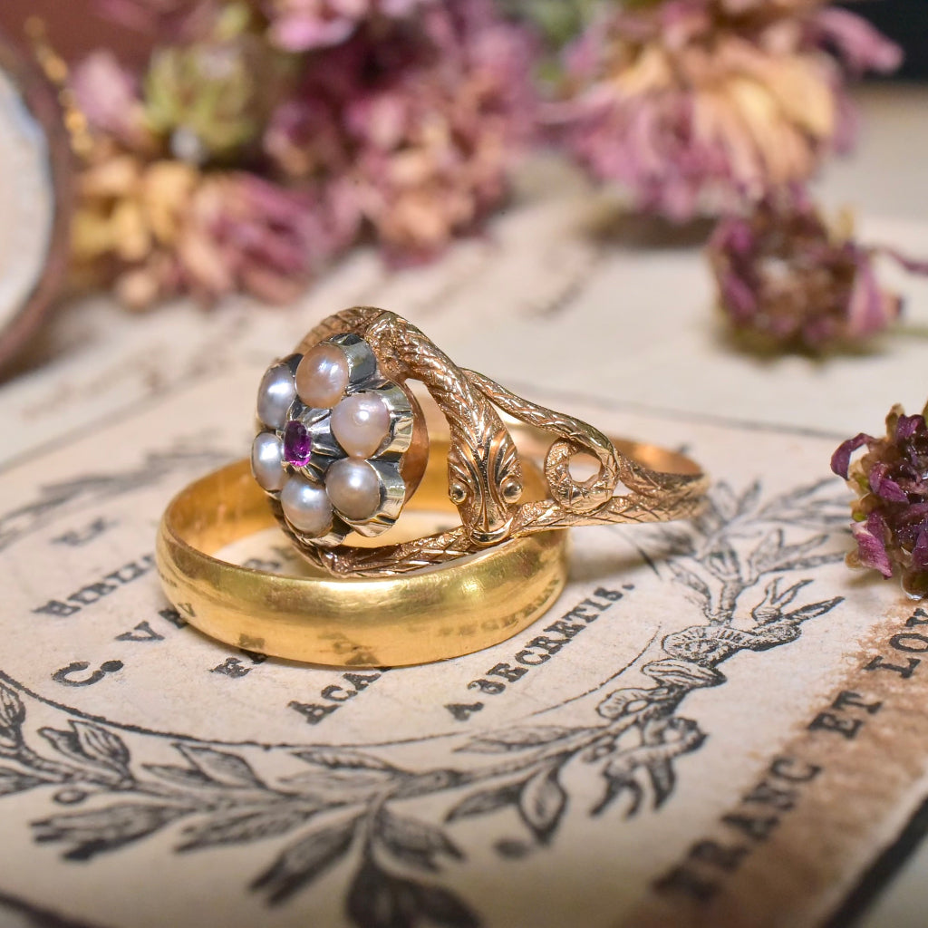 Antique Georgian/Early Victorian 18ct Gold Ruby Pearl Double Ouroboros Ring Circa 1820-50