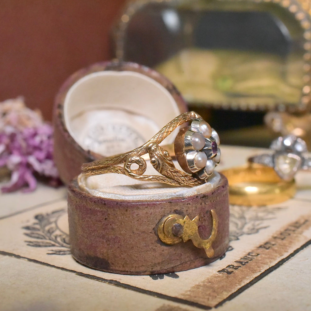 Antique Georgian/Early Victorian 18ct Gold Ruby Pearl Double Ouroboros Ring Circa 1820-50