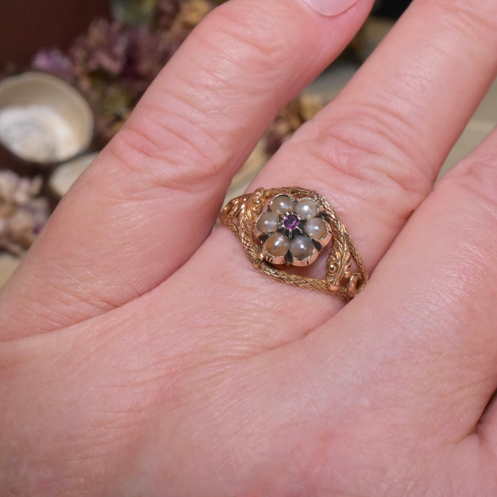 Antique Georgian/Early Victorian 18ct Gold Ruby Pearl Double Ouroboros Ring Circa 1820-50