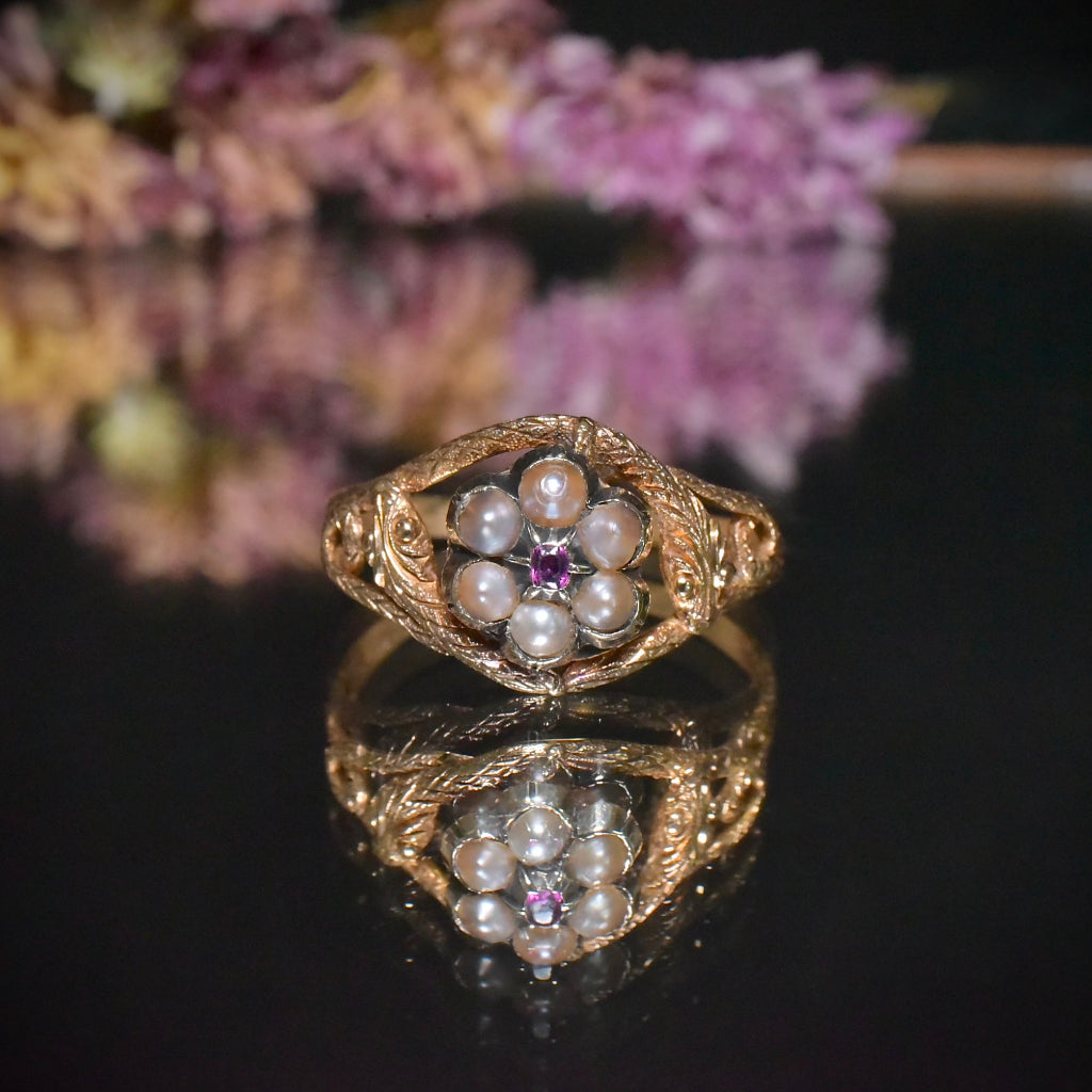 Antique Georgian/Early Victorian 18ct Gold Ruby Pearl Double Ouroboros Ring Circa 1820-50