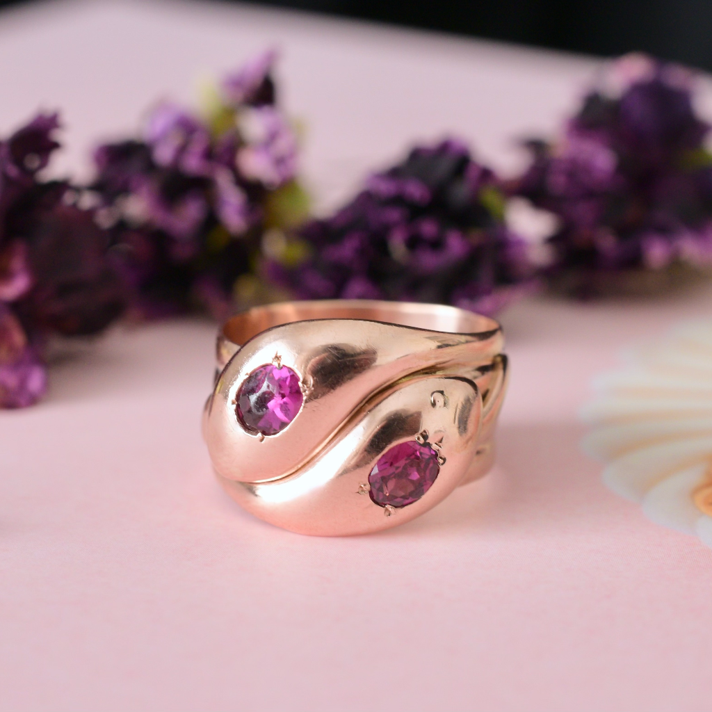 Antique Victorian/Edwardian 9ct Rose Gold And Garnet Double Snake Ring Circa 1900