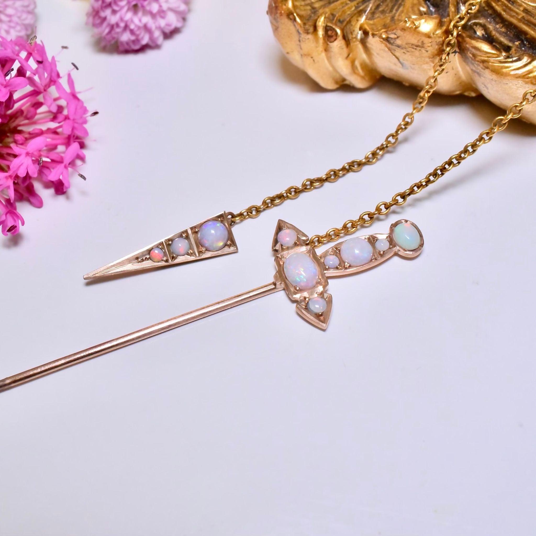 Superb Antique Australian 9ct Rose And Yellow Gold Solid White Opal ‘Jabot’ Pendant Necklace Circa 1900-1915