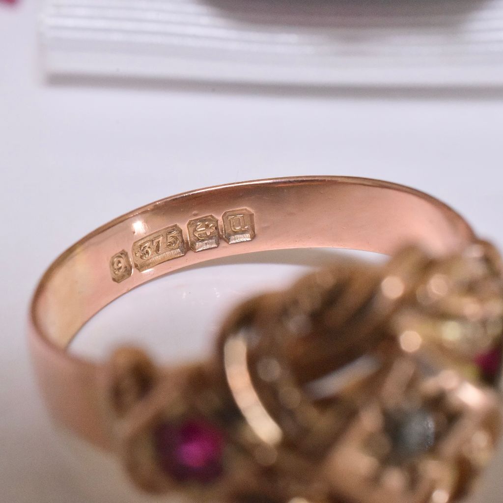 Antique Edwardian 9ct Rose Gold Ruby And Diamond ‘Lovers Knot’ Ring Birmingham 1919