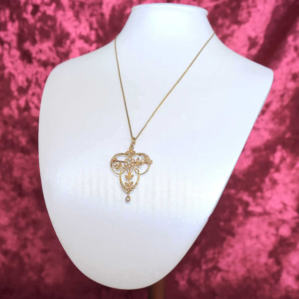 Antique 15ct Yellow Gold Diamond And Seed Pearl Pendant/Brooch Circa 1900-1910