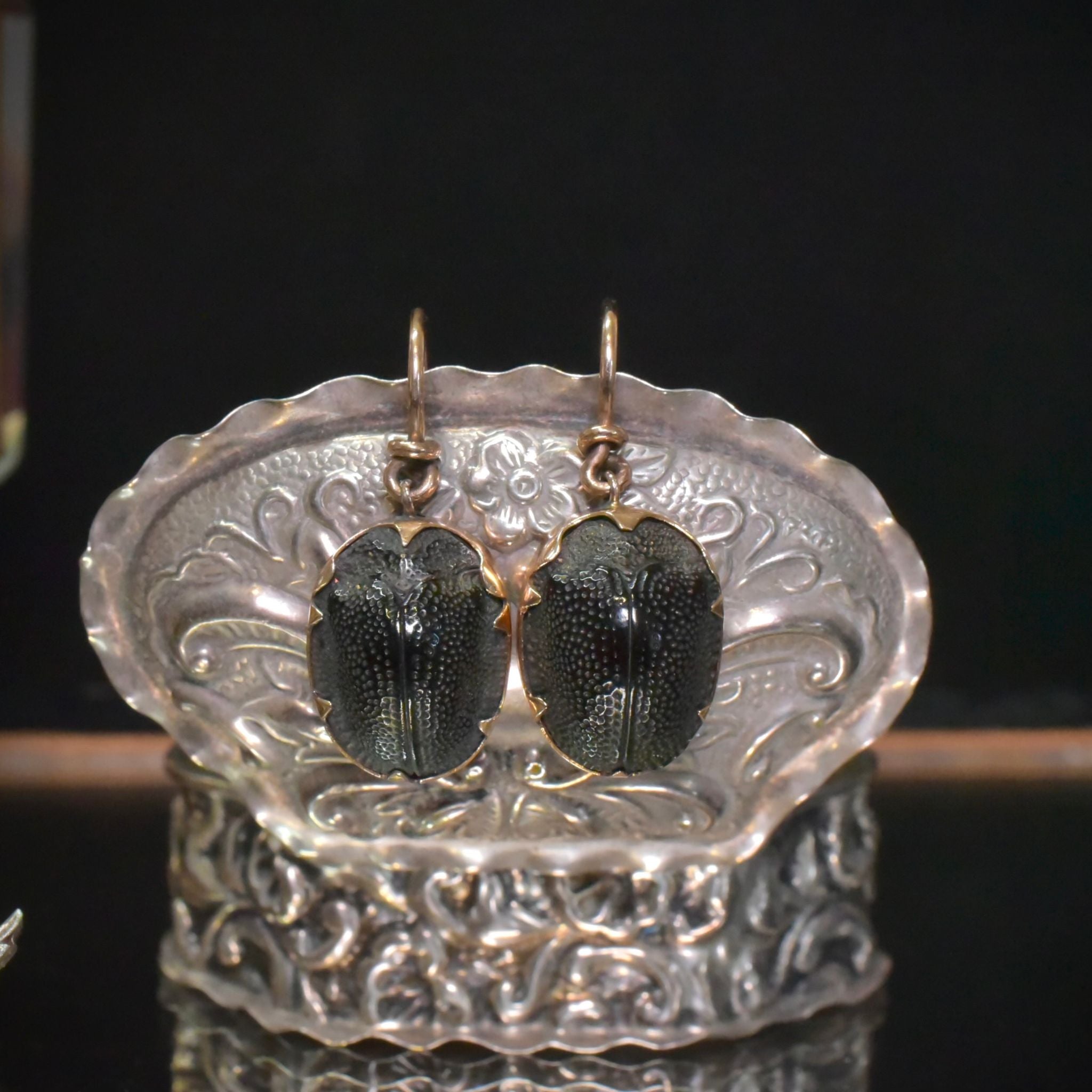 Antique Victorian Egyptian Revival 9ct Rose Gold Scarab Beetle Earrings Circa 1890-1900