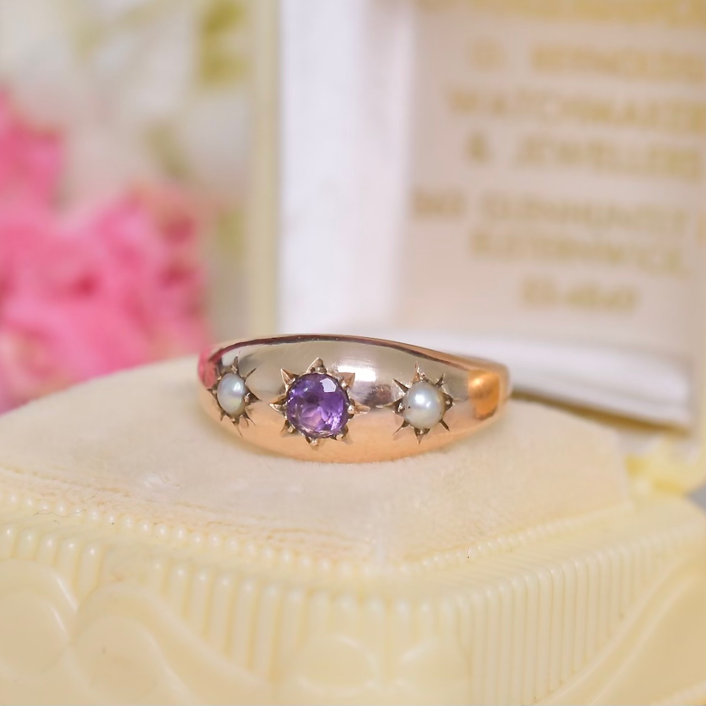 Antique Australian 9ct Rose Gold Amethyst Pearl Gypsy Ring Circa 1915