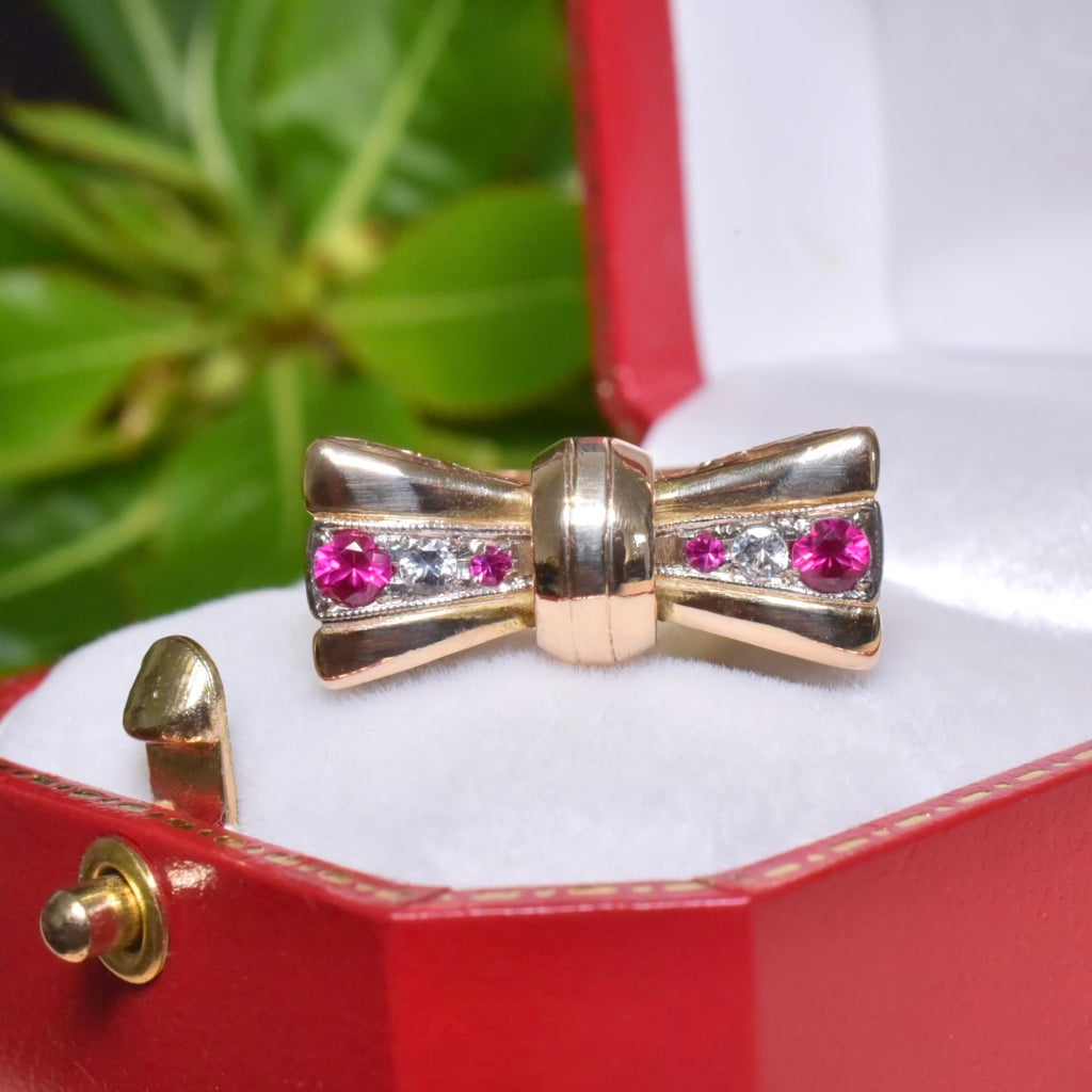 Vintage Retro 9ct Yellow Gold Spinel & Quartz ‘Bow’ Ring Circa 1940’s