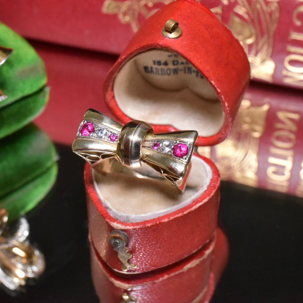 Vintage Retro 9ct Yellow Gold Spinel & Quartz ‘Bow’ Ring Circa 1940’s