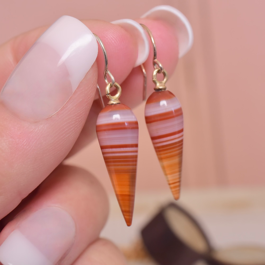 Antique French Banded Agate Amphora Earrings Circa 1870
