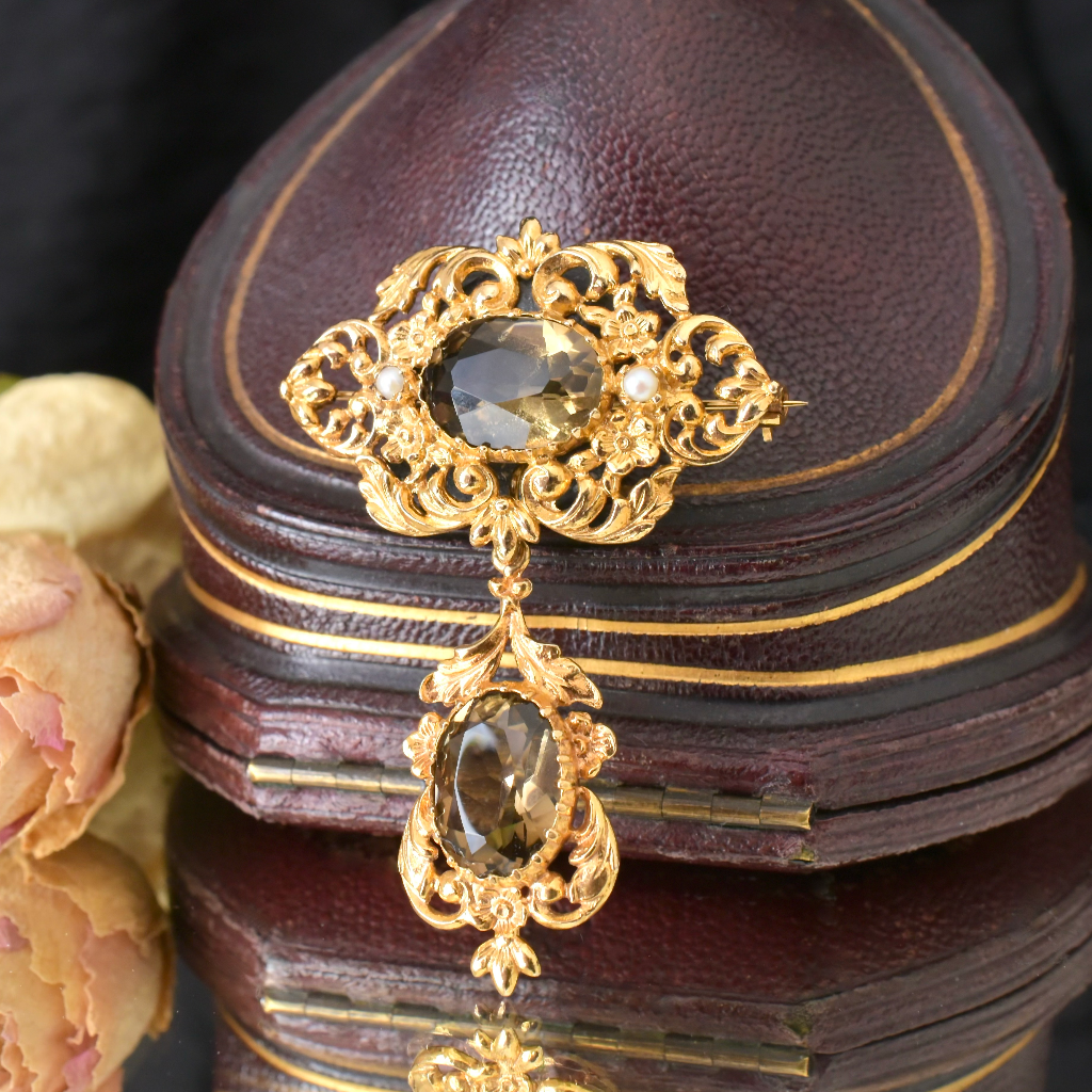 Vintage ‘Antique Style’ 9ct Yellow Gold Smoky Quartz Convertible Brooch - London 1972