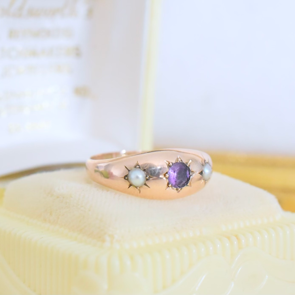 Antique Australian 9ct Rose Gold Amethyst Pearl Gypsy Ring Circa 1915