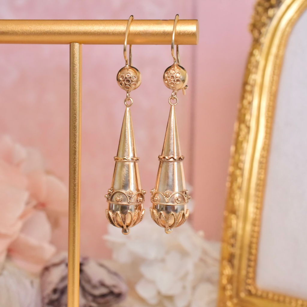 Modern 9ct Rose Gold Etruscan Revival Torpedo Drop Earrings