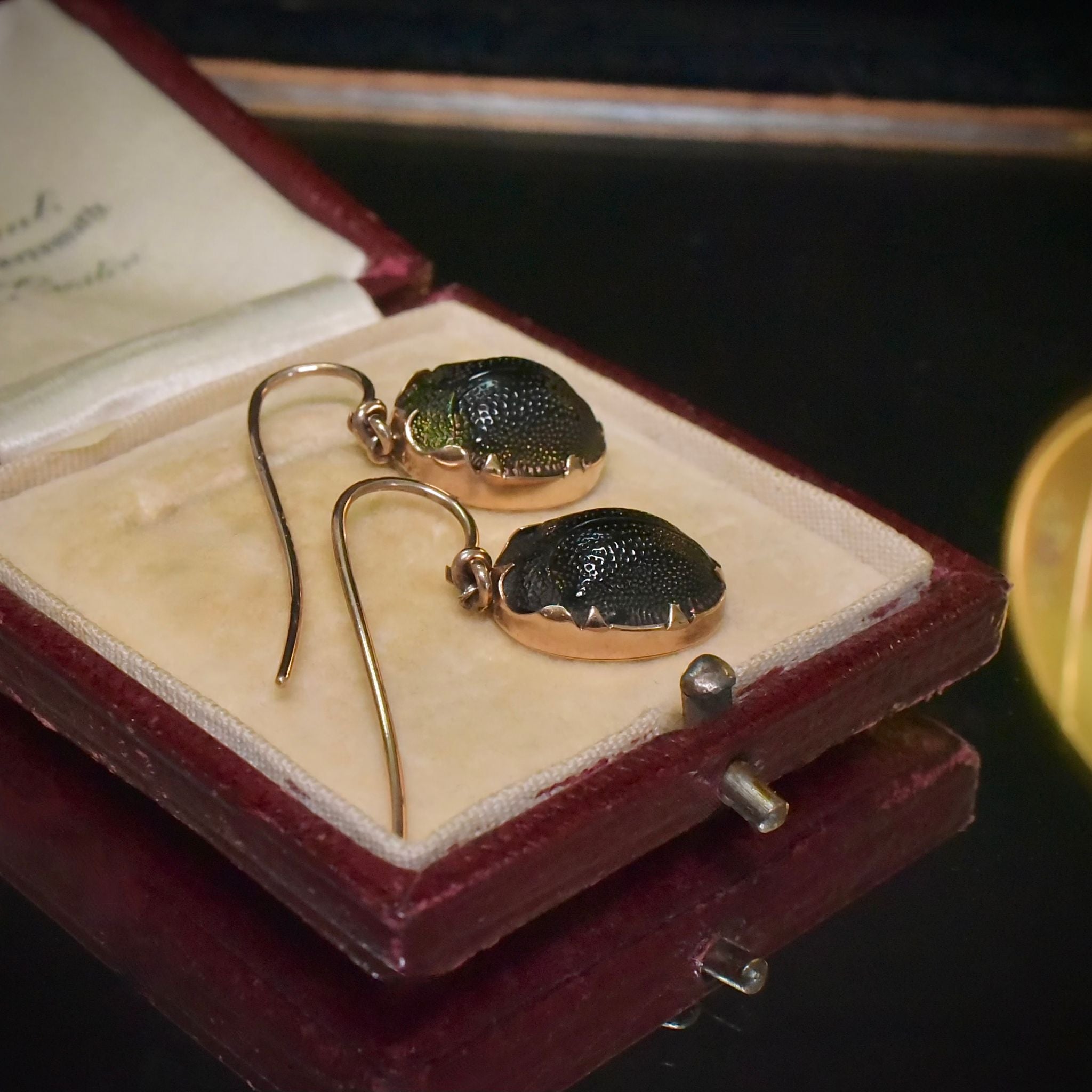 Antique Victorian Egyptian Revival 9ct Rose Gold Scarab Beetle Earrings Circa 1890-1900