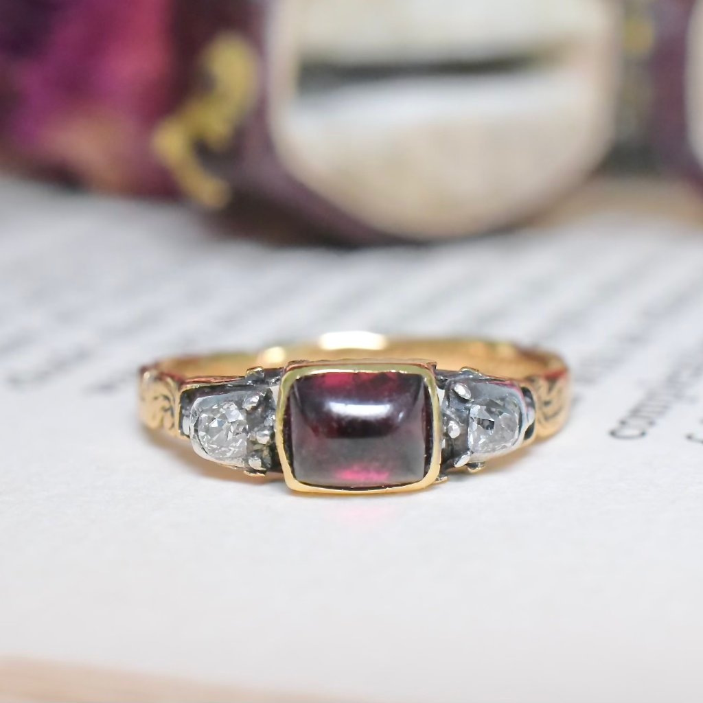 18th Century Georgian Rococo 20ct Gold Garnet And Diamond Ring - Inscribed for 1742
