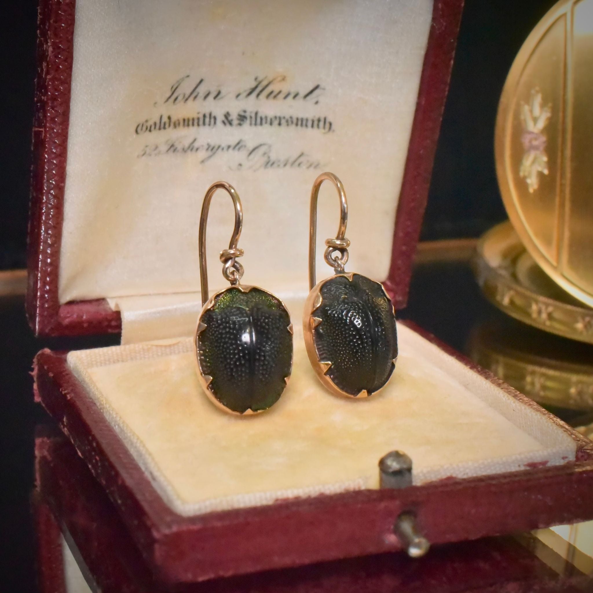 Antique Victorian Egyptian Revival 9ct Rose Gold Scarab Beetle Earrings Circa 1890-1900