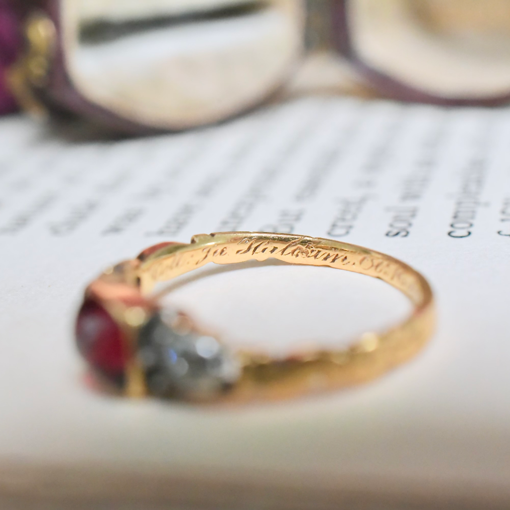 18th Century Georgian Rococo 20ct Gold Garnet And Diamond Ring - Inscribed for 1742