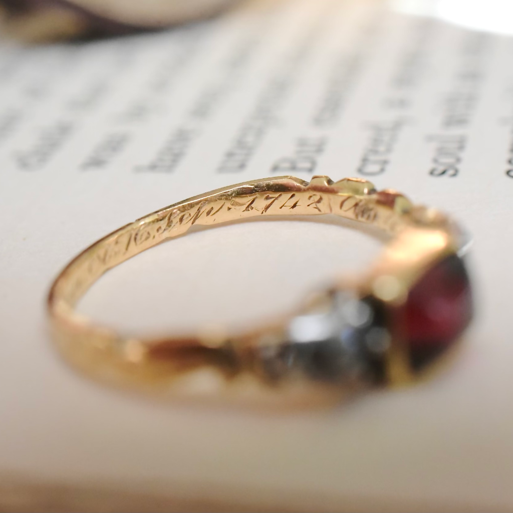 18th Century Georgian Rococo 20ct Gold Garnet And Diamond Ring - Inscribed for 1742