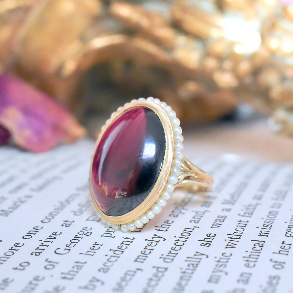 Vintage Estate 14ct Yellow Gold Garnet And Seed Pearl Ring