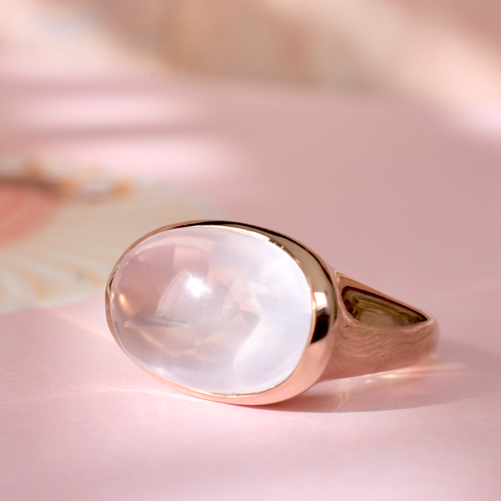 Contemporary 9ct Rose Gold Rose Quartz Cabochon Ring