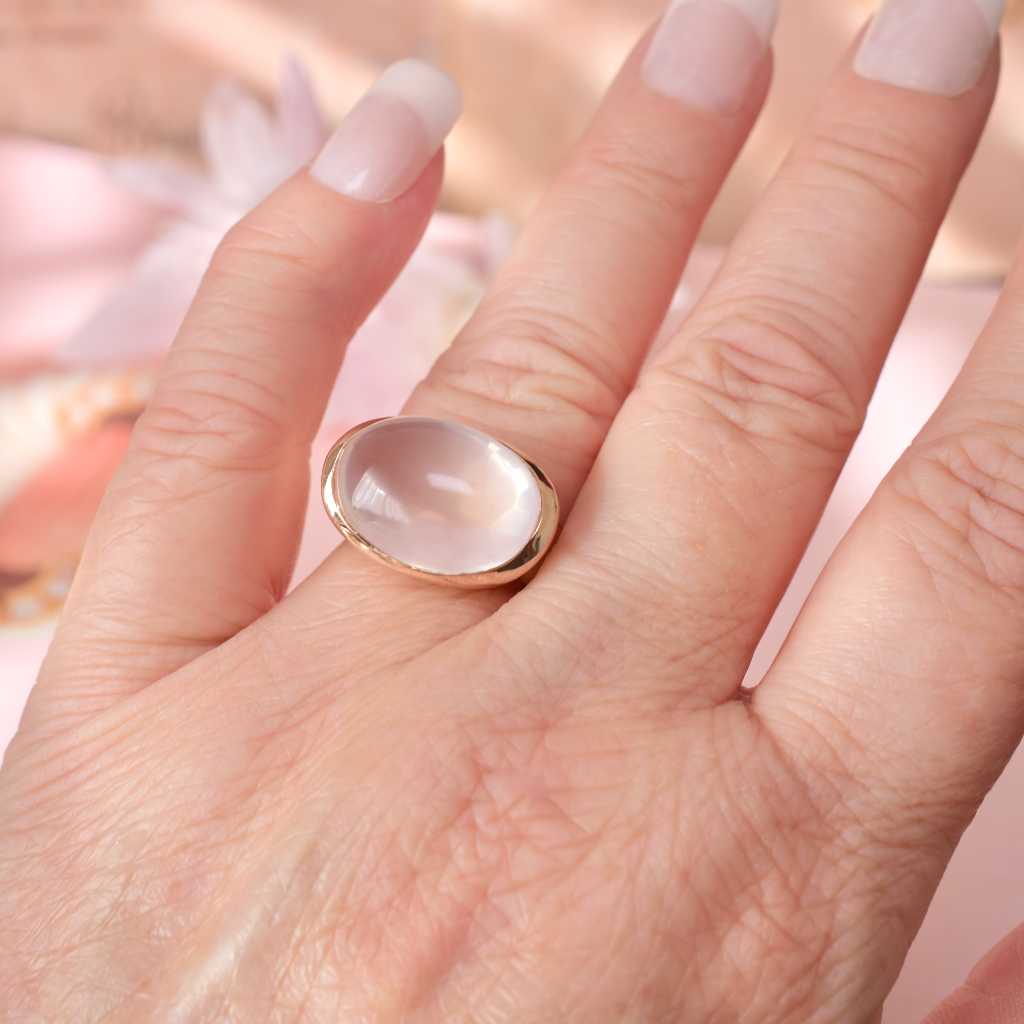 Contemporary 9ct Rose Gold Rose Quartz Cabochon Ring