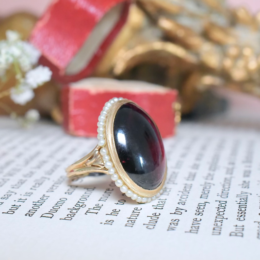 Vintage Estate 14ct Yellow Gold Garnet And Seed Pearl Ring
