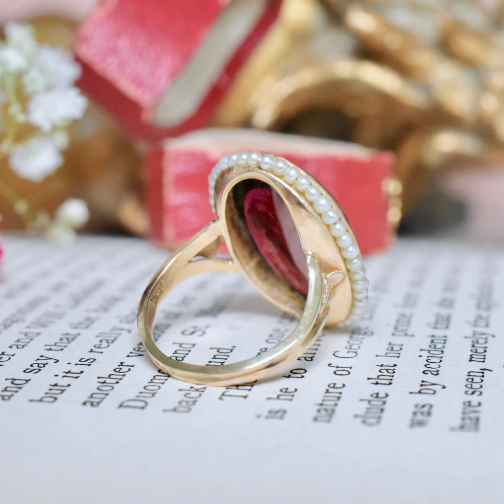 Vintage Estate 14ct Yellow Gold Garnet And Seed Pearl Ring